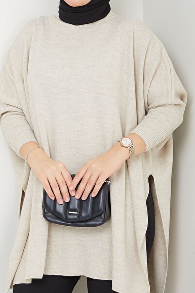 MODAMERSİ Μπεζ Hijab Knitwear Oversize Γυναικείο πουλόβερ με σκίσιμο