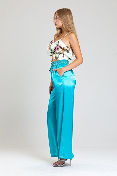 Sense Gipe Detailed Pocketed Wide Leg Satin Trousers| Pnt34217 Green