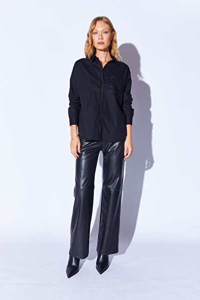 EDITION WOMAN Siyah Oversize tek cepli gabardin rahat kesim soft dokulu pamuk kadın gömlek - 8174