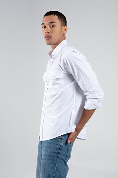 MAN EDITION Чоловіча сорочка Slim Fit білого кольору - з двома кишенями на клапанах Ee1008783-8783