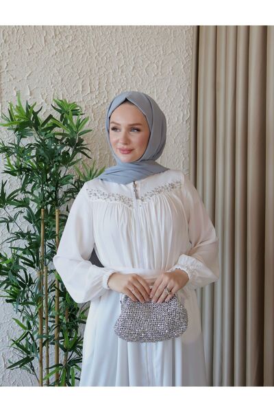 H HİJAB CENTER Medine Bead Embroidered Robani Silk Ferace - Height 145 cm