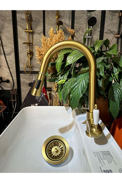İSAOĞLU YAPI Matte Gold Spiral Tap and Drain Set Matte Gold Spiral and Pressure Adjustable Fixture