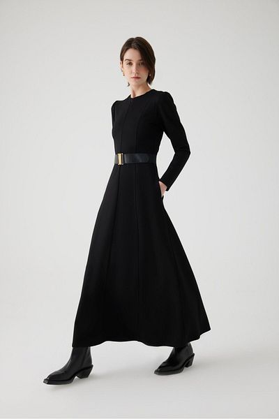 Exquise Long Black Belted Regular Dress