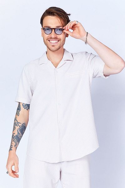 MAN EDITION Men's Shirt - Stone Seersucker Striped, Pocket Detail, Short Sleeve, Apache Collar Ee100114629-4629