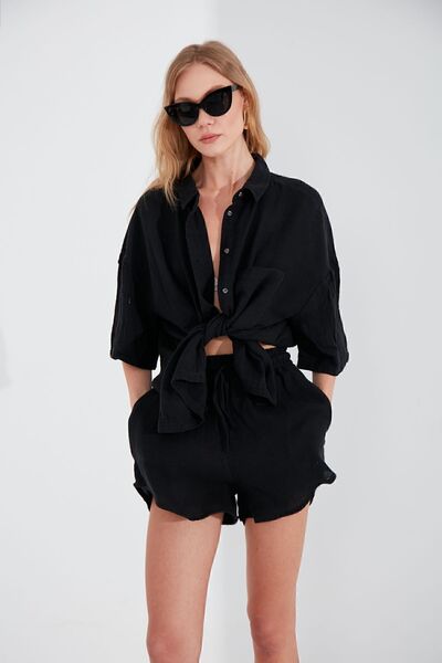 EDITION WOMAN Siyah Müslin Kadın Rahat Kesim Şort-7205