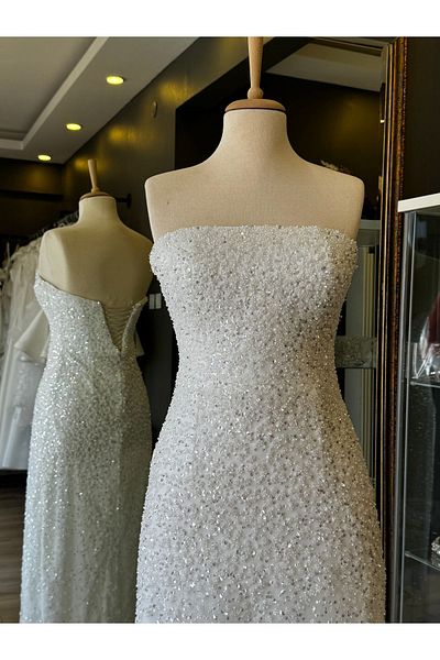 Lenta Wedding White Pencil Dress with Stone Detail - Suitable for Engagement and Night