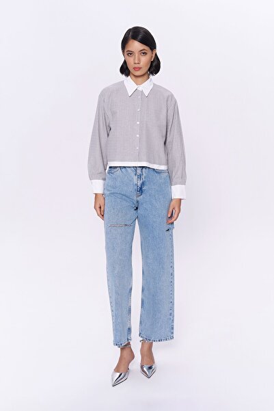 Quzu Parlak Taşlı Düğmeli Gömlek Gri