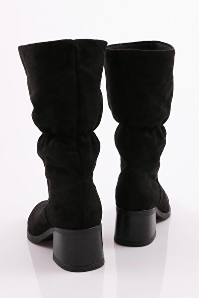 DGN Kadın Büzgülü Topuklu Çizme Siyah Süet 101773275