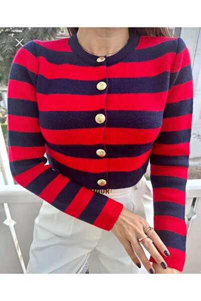 myfok Cardigan de damă, cu dungi roșii, cu gât roșu, cu nasturi aurii
