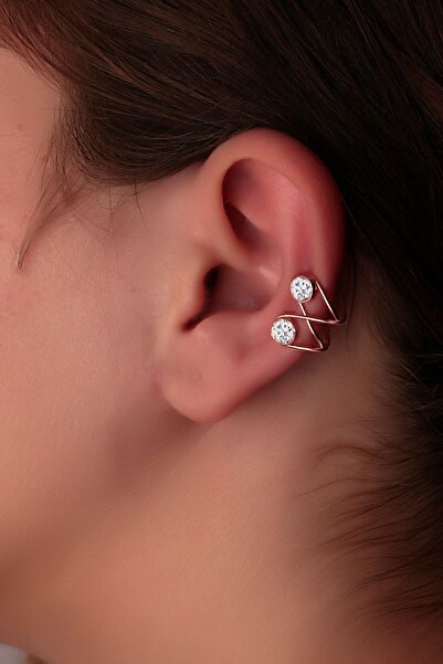 SUNSHINE 925 Ayar Rose Kaplamalı Beyaz Taşlı Çapraz Tasarım Gümüş Kıkırdak Küpe