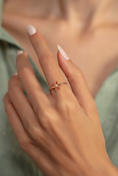 SUNSHINE 925 Ayar Rose Kaplamalı Orange Taşlı Çiçek Gümüş Yüzük