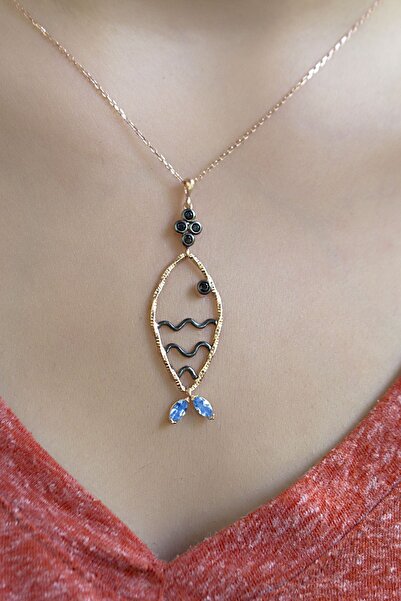 SUNSHINE 925 Ayar Rose Kaplamalı Aqua Ve Beyaz Taşlı Balık Gümüş Kolye