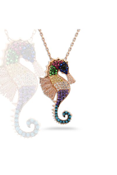 SUNSHINE 925 Ayar Rose Kaplama Multicolour Taşlı Deniz Atı Gümüş Kolye