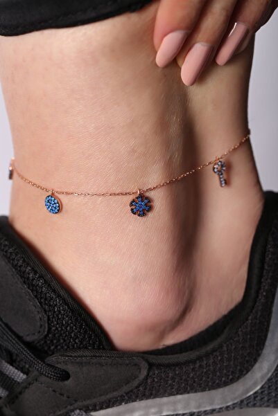 SUNSHINE 925 Ayar Rose Kaplamalı Sallantılı Mavi Taşlı Tiffany Gümüş Halhal