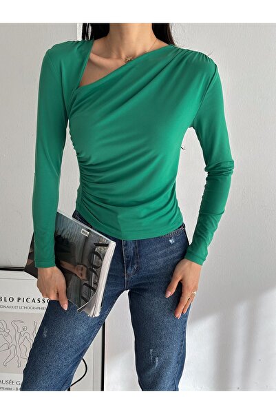 QUTTA Bluză de damă, verde, cu decolteu în V, cu două straturi, din țesătură ...