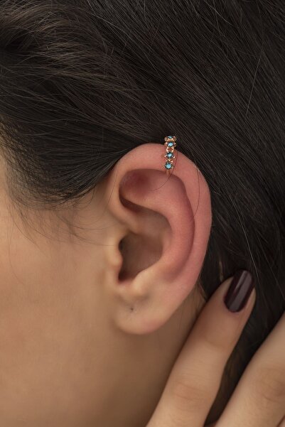 SUNSHINE 925 Ayar Rose Kaplamalı Turkuaz Taşlı Yıldız Gümüş Kıkırdak Küpe