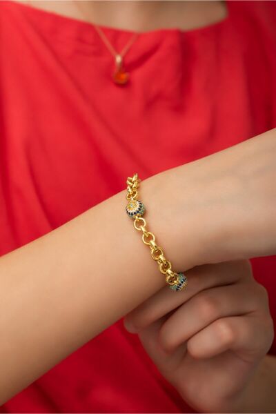 SUNSHINE 925 Ayar Gold Kaplamalı Nazar Göz Kalın Zincirli Gümüş Bileklik