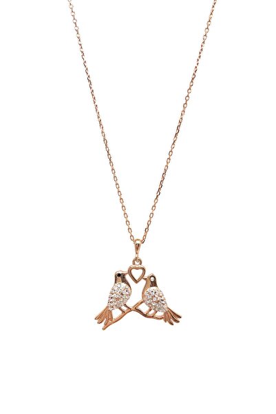 SUNSHINE 925 Ayar Rose Kaplamalı Beyaz Taşlı Kalpli Kumrular Kuş Gümüş Kolye