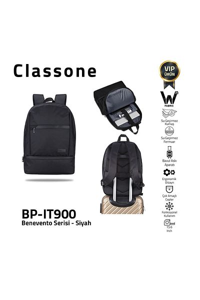 Classone Bp-ıt900 Benevento 15.6" قماش مقاوم للماء وسحاب، كمبيوتر محمول، حقيبة ظهر للكمبيوتر المحمول - أسود