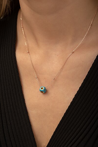 SUNSHINE 925 Ayar Rose Kaplamalı Turkuaz Mineli Nazar Boncuklu Top Zincirli K...