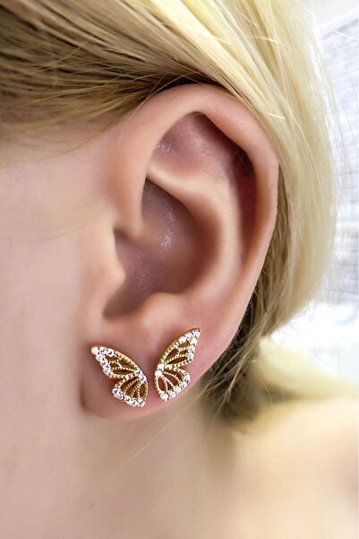 SUNSHINE 925 Ayar Gold Kaplamalı Beyaz Zirkon Taşlı Gümüş Kelebek Küpe