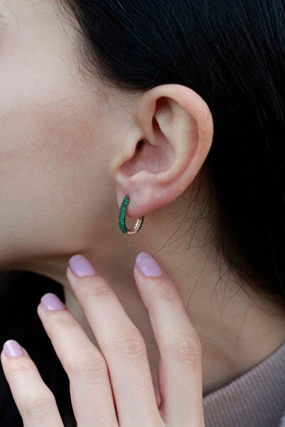 SUNSHINE 925 Ayar Rose Kaplamalı Yeşil Taşlı Minimal Oval Gümüş Küpe