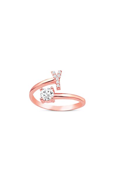 SUNSHINE 925 Ayar Rose Kaplamalı Beyaz Taşlı Y Harfi Gümüş Yüzük