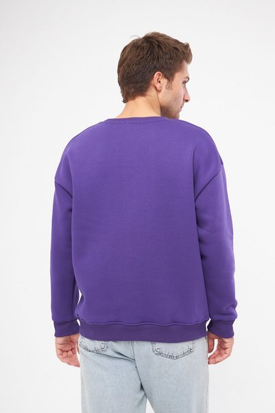 Moda Işık Unisex Mor Renk Basic Sweatshirt Bisiklet Yaka Hoodie %100 Pamuklu