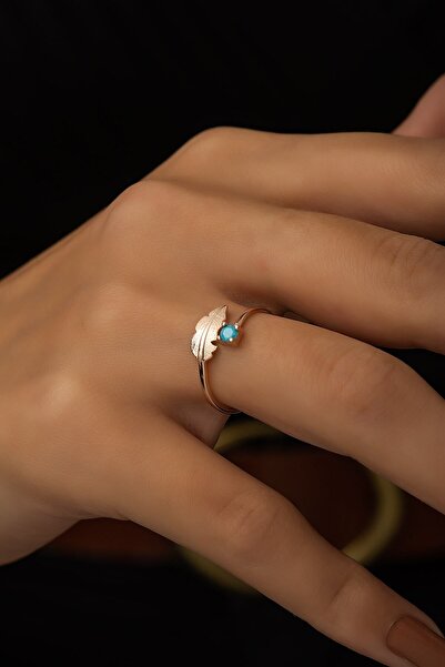 SUNSHINE 925 Ayar Rose Kaplamalı Turkuaz Taşlı Tüy Gümüş Yüzük