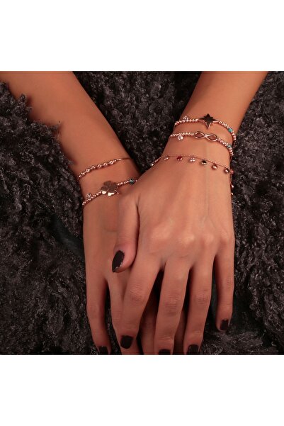 SUNSHINE 925 Ayar Rose Kaplamalı Yonca Tasarımlı Nazarlı Dorika Taşlı Gümüş Bileklik