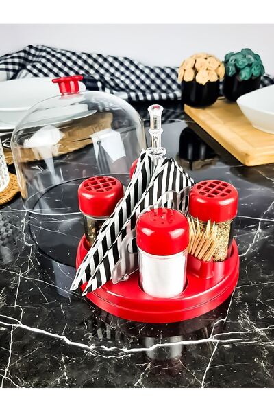 eser plastik Four Spice Rack Set with Transparent Jar Lid - Napkin Holder and Toothpick Holder, Salt Pot and Spice Rack