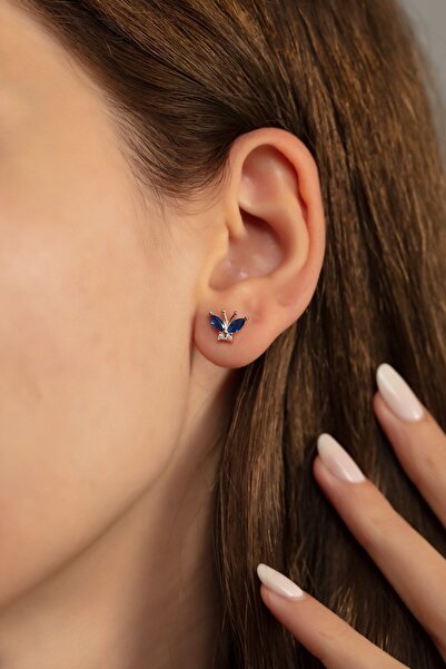 SUNSHINE 925 Ayar Gümüş Mavi Zirkon Taşlı Kelebek Gümüş Küpe