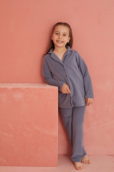 ELİTOL Gri Düz Önden Düğmeli Polar Pijama Takım