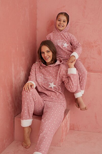 ELİTOL Pudra Shine Yıldız Desenli Bisiklet Yaka Peluş Polar Pijama Takım