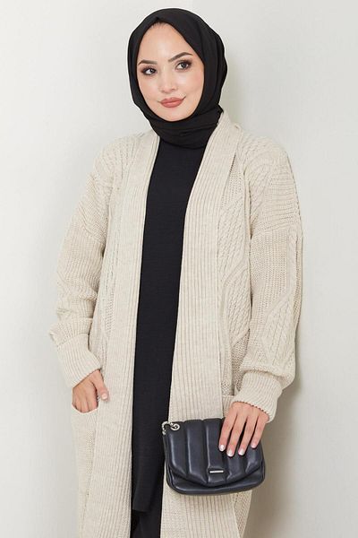 hafsamina Stone Colored Shawl Collar Pocket Knitwear Cardigan - Hm2534