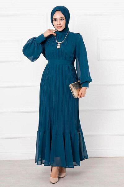 Marjinal Organza Sleeve Hijab Petrol Evening Dress