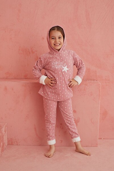 ELİTOL Pudra Shine Yıldız Desenli Bisiklet Yaka Peluş Polar Pijama Takım