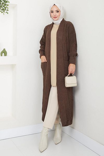 hafsamina Knitwear Brown Cardigan - Shawl Collar and Pocket Hm2534