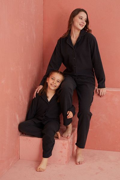 ELİTOL Smoke Colored Fleece Pajama Set - Plain Cut and Buttoned Front