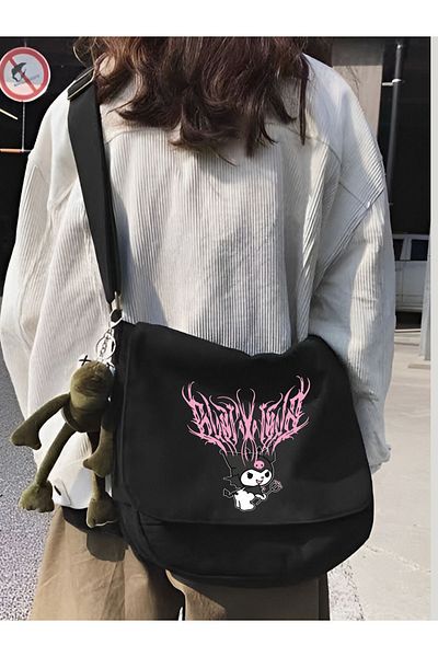 Cemira Y2k Kuromi Design - Geantă tote din pânză neagră, geantă pentru școală și coreeană