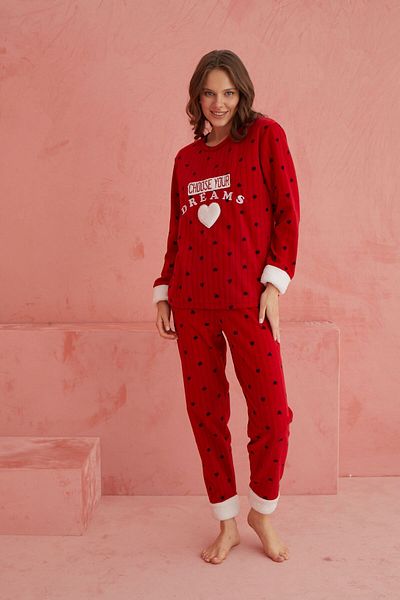 ELİTOL Red Dreams Heart Patterned Crew Neck Plush Fleece Pajama Set