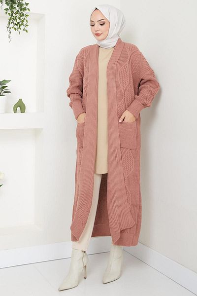 hafsamina Dried Rose Knitwear Cardigan - Shawl Collar and Pocket Hm2534