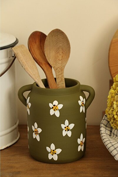 Hoyatap El Emeği Haki Beyaz Papatya Desenli Dekoratif Seramik Vazo & Çiçekli ...