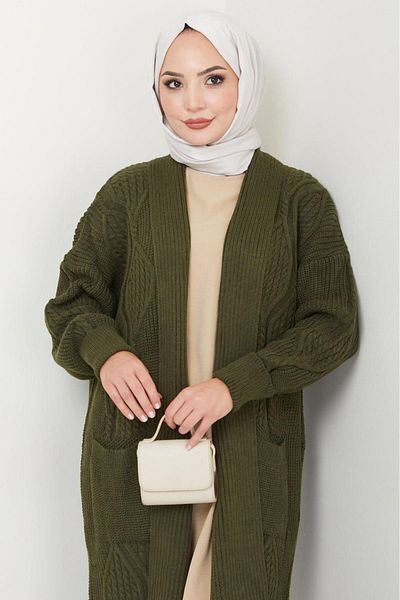 hafsamina Khaki Knitwear Shawl Collar Pocket Cardigan - Hm2534