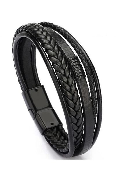 Erdem Men's Genuine Leather Bracelet Black Color Magnetic Buckle Braided Bracelet