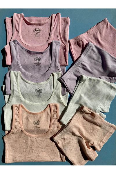 Ahmio Cotton 4-Piece Set for Girl - Hollowed Out Model Thick Strap Undershirt and Shorts (8 Pieces)