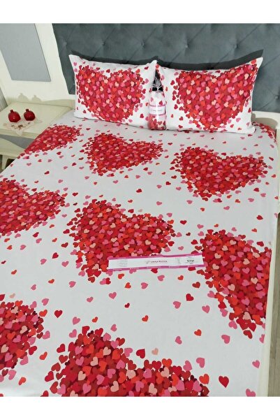 Lobelya Nevresim Battal Boy Nevresim Takımı - Kırmızı Kalpli Çarşaf Ve Yastıklı
