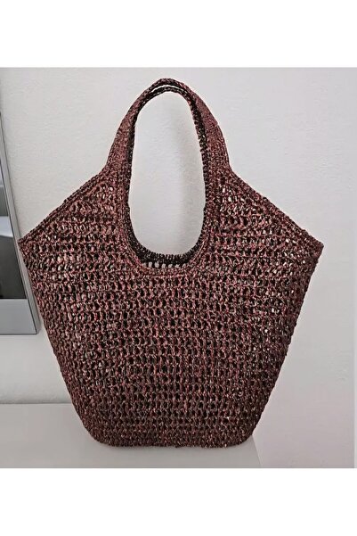 Cotton Crafty Sepet Model Metalik Parlak Hasır Ip El Örgüsü File Çanta Plaj Çanta Omuz Çanta