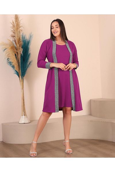 Butik Nilyam Plus Size Flexible Midi Evening Dress with Glitter Stripe Detail and Cardigan Attachment 24505