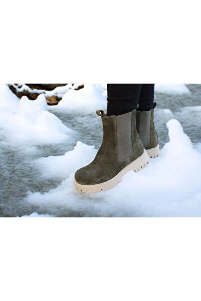 aayak&kabımofficial Gerçek Deri Haki Süet Günlük Kadın Chelsea Bot